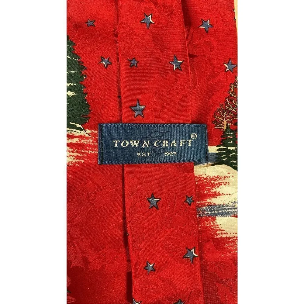 TOWNCRAFT Men’s Silk Christmas Dress Tie Santa Feeding Reindeer Vintage 46” Red